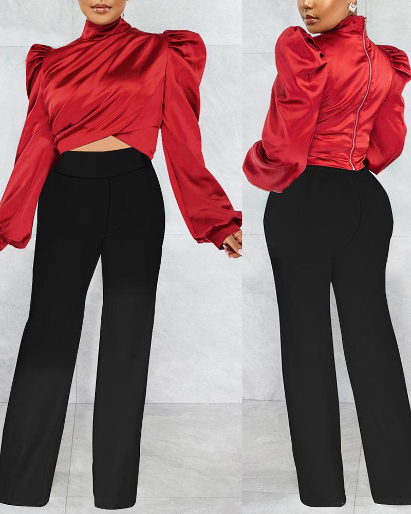 

Puff Sleeve Ruched Top & Wide Leg Pants Set, Red