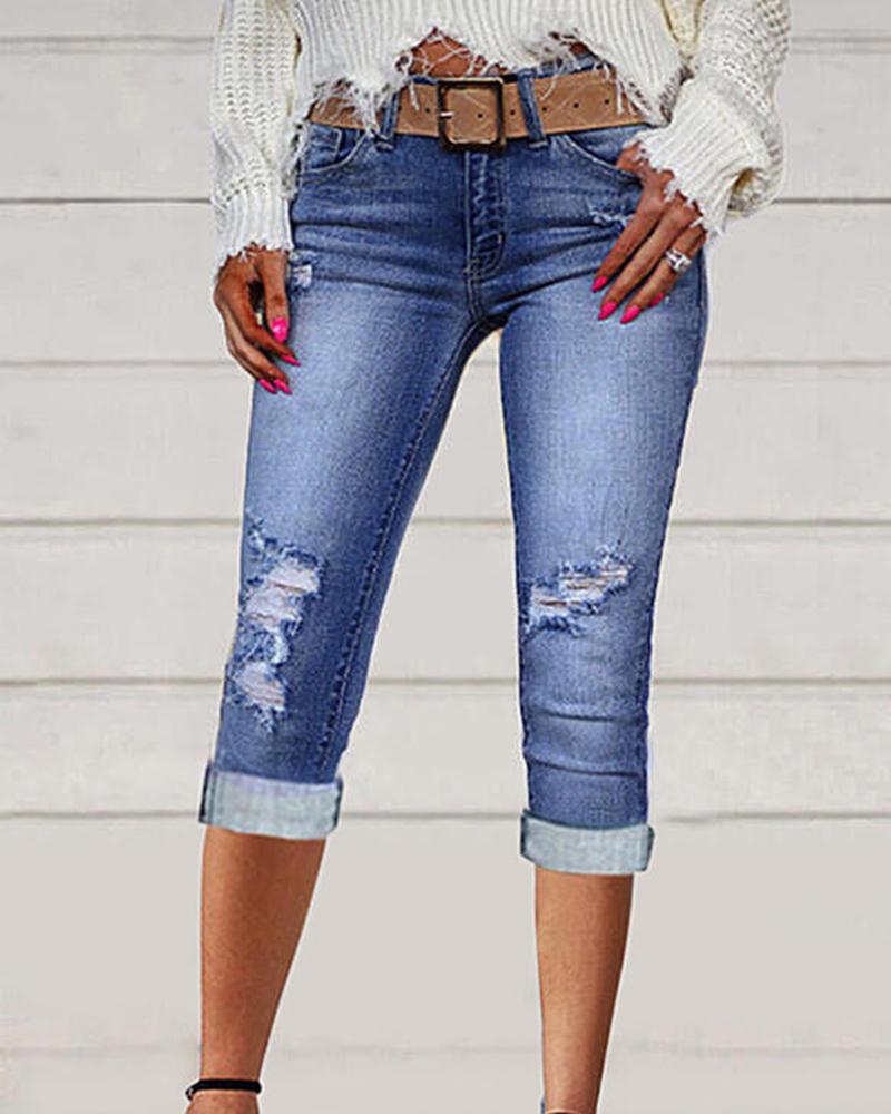 

Ripped Pocket Design Capris Denim Pants, Blue