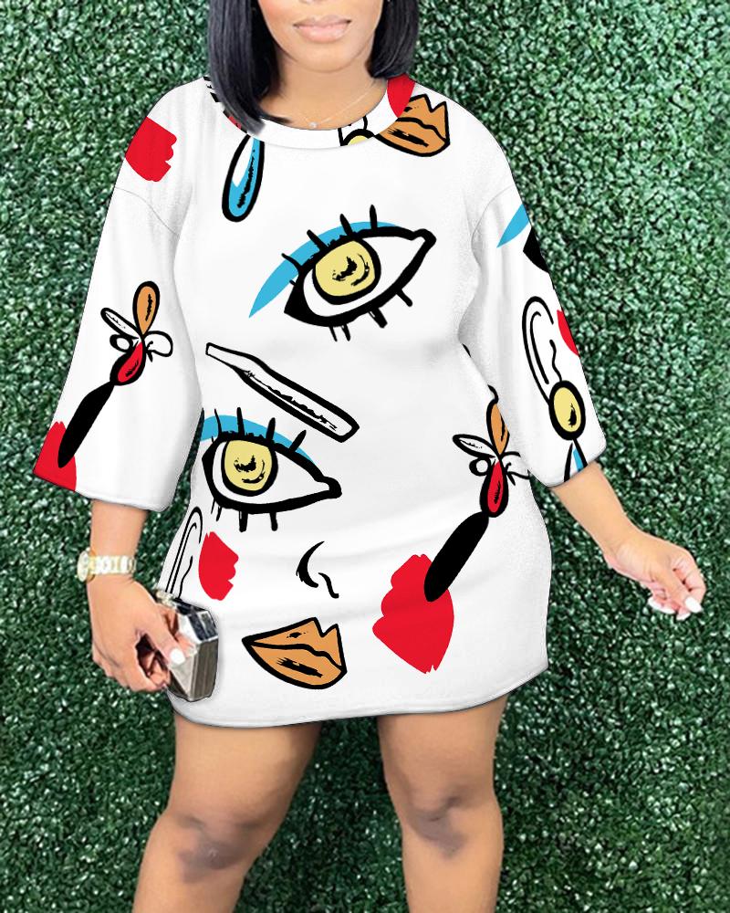 

Graphic Eye Lip Print Casual Dress, White