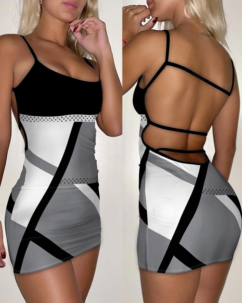 

Geometric Print Spaghetti Strap Backless Bodycon Dress, Black