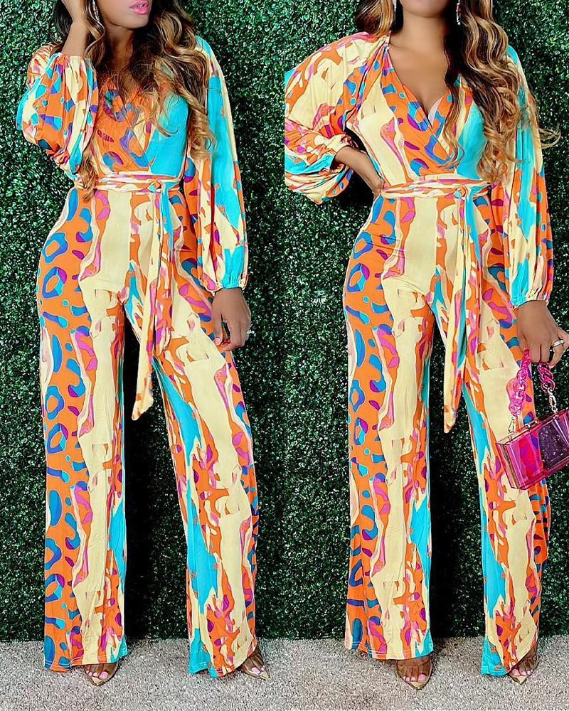 

Allover Print Long Sleeve Belted Jumpsuit, Multicolor