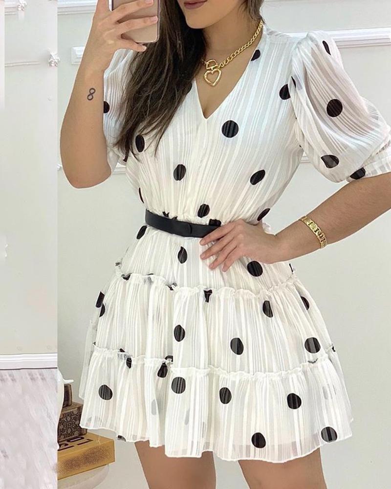 

Polka Dots Mesh Puff Sleeve Ruffles Casual Dress, White