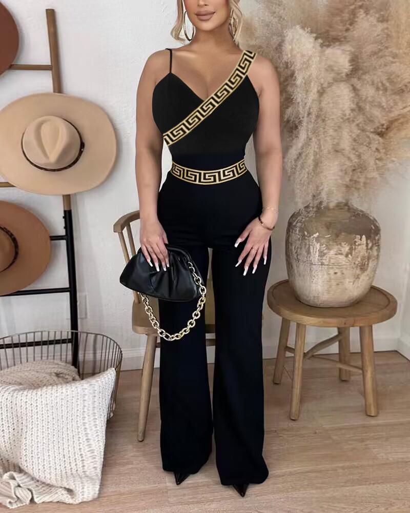 

Geo Tape Patch Asymmetrical Neck Jumpsuit, Black