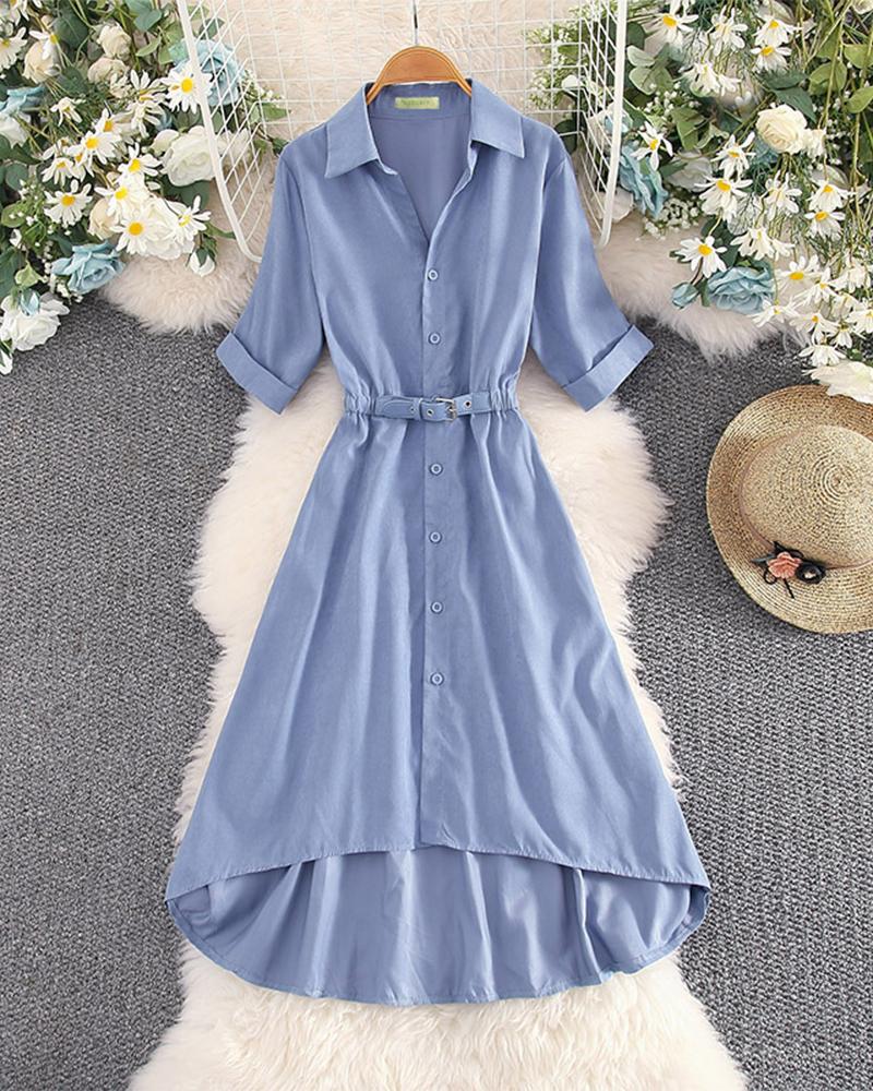 

Solid Short Sleeve Lace-UP Waist Loose Shirt Dress, Blue