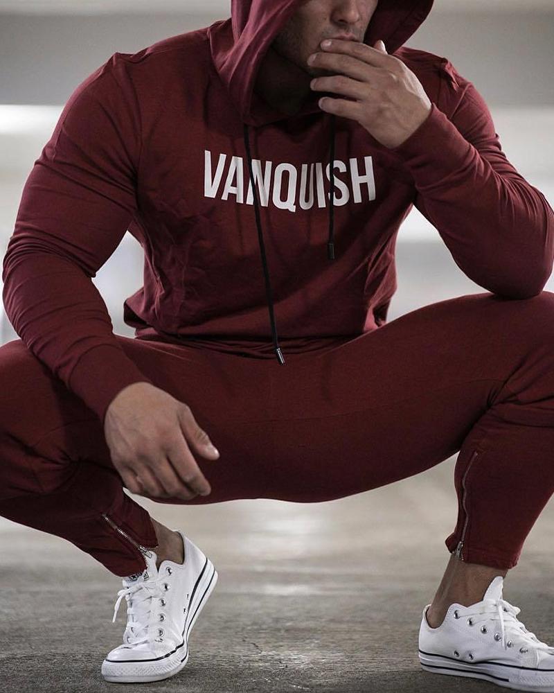 

Letter Printing Long Sleeve Hooded Sporty Sweatshirt, Red