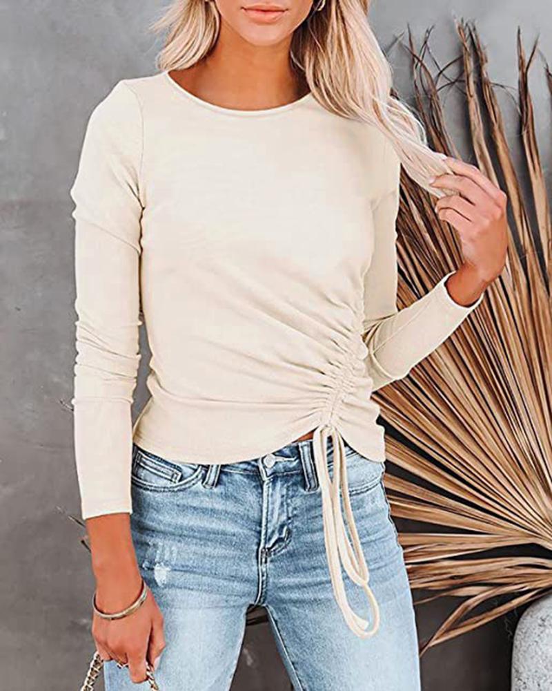 

Drawstring Round Neck Long Sleeve Top, Apricot