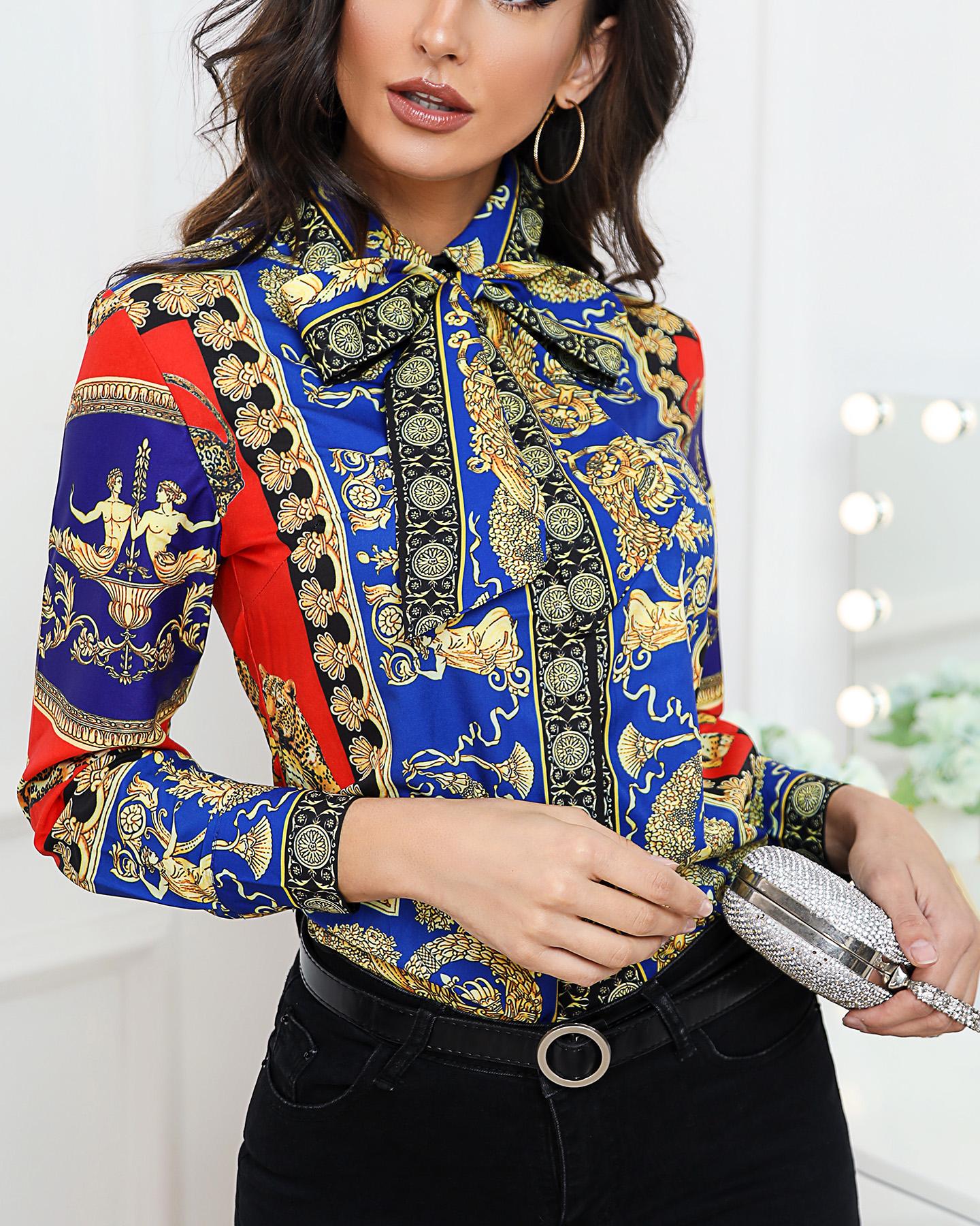 

Retro Ethnic Print Long Sleeve Shirt, Multicolor