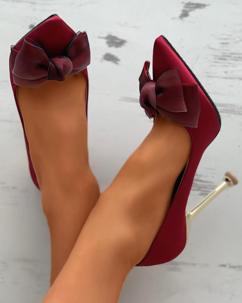 

Bowknot Decor Pointed Toe Satin Pyramid Heels, Red