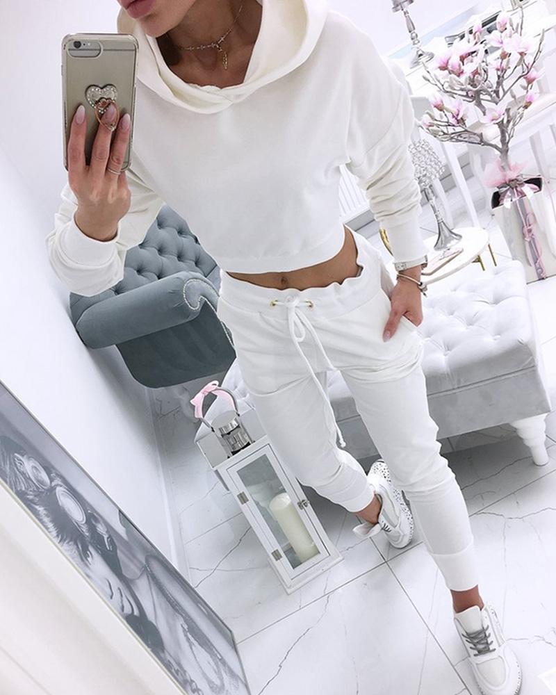 

Solid Hooded Long Sleeve Drawstring Top & Pants Set, White