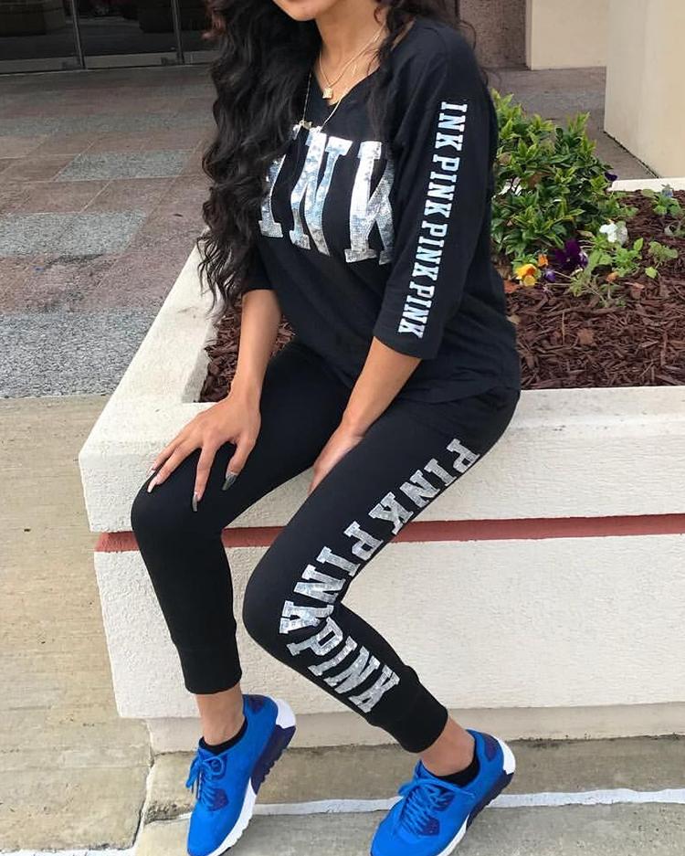 

Fashion Letter Print Sweatsuits, Black