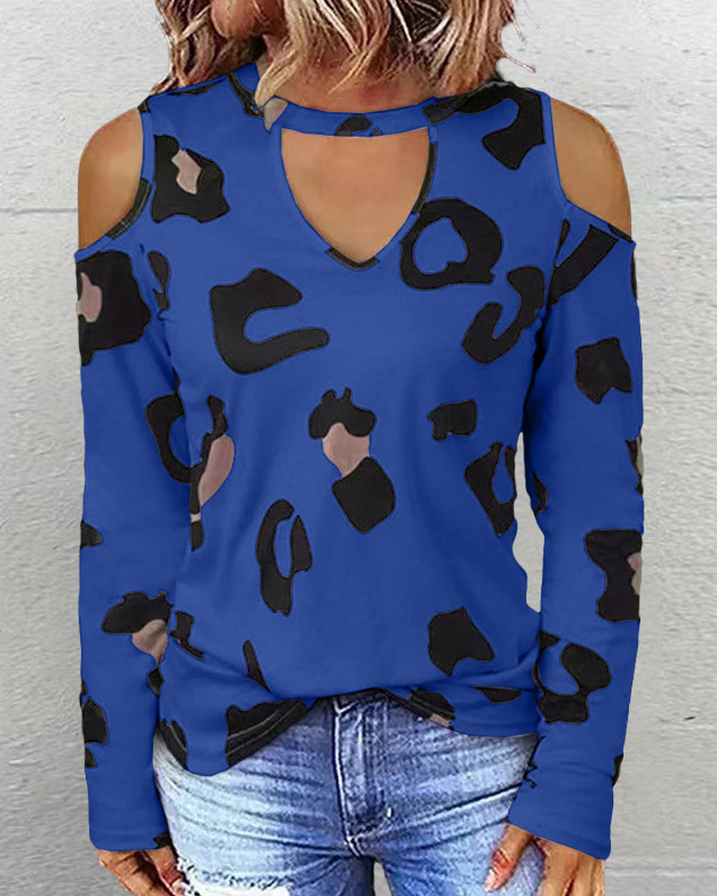 

Leopard Print Cold Shoulder Top, Blue