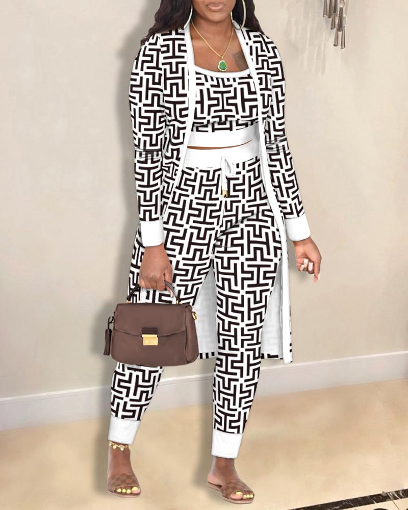 

3PCS Geometric Print Cami Top & Pants Set With Coat, Blackwhite