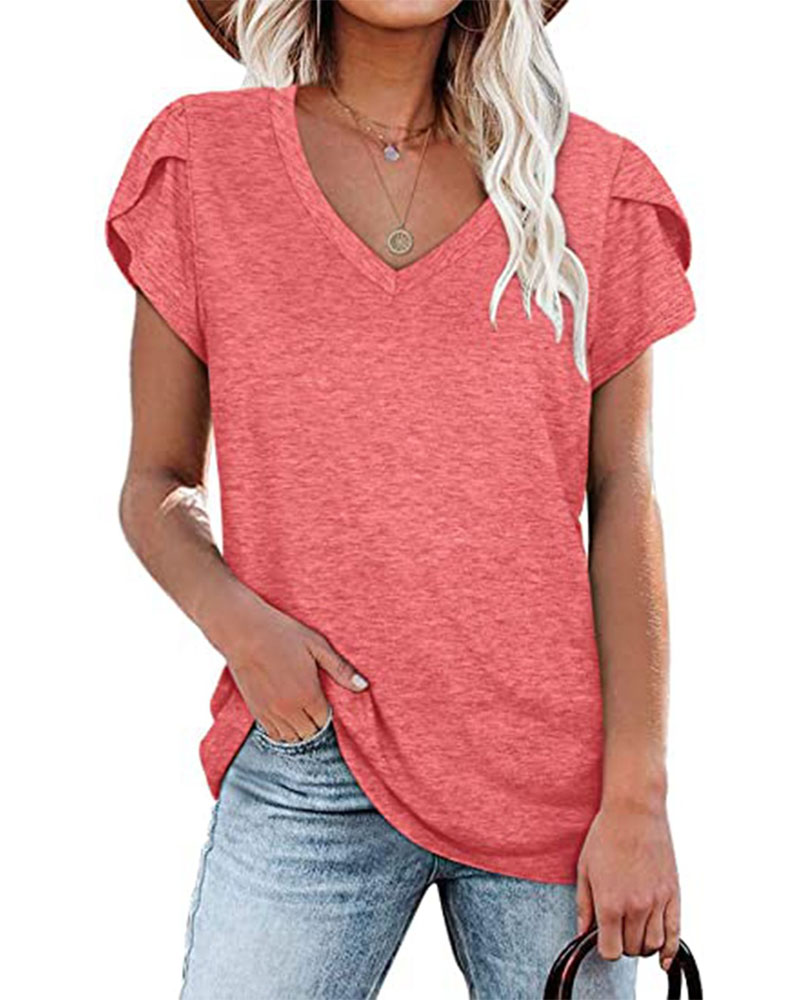 

Petal Short Sleeve V-Neck Casual T-shirt, Pink