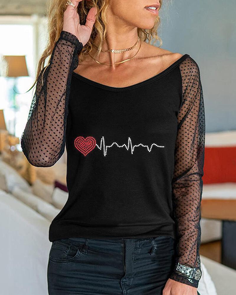 

Valentine' Day Dot Mesh Long Sleeve Rhinestone Top, Style1