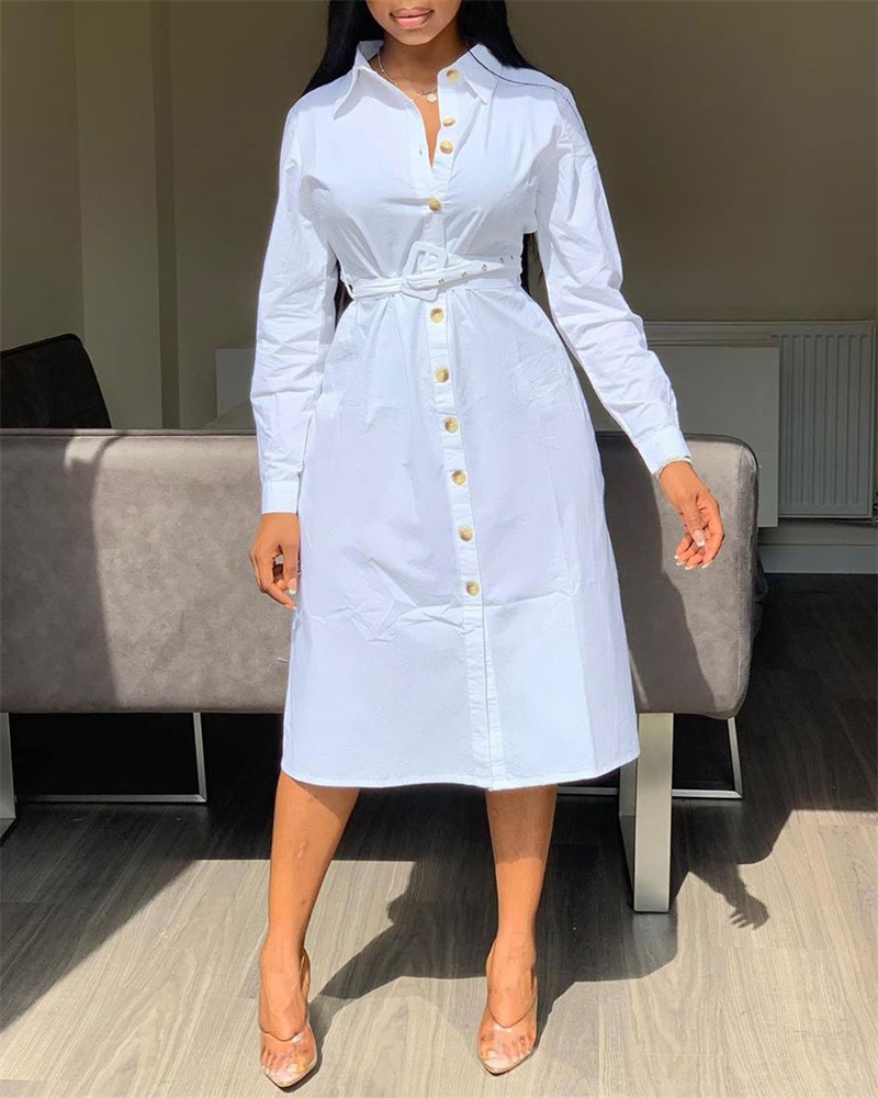 

Plus Size Long Sleeve Button Down Belted Shirt Dress, White