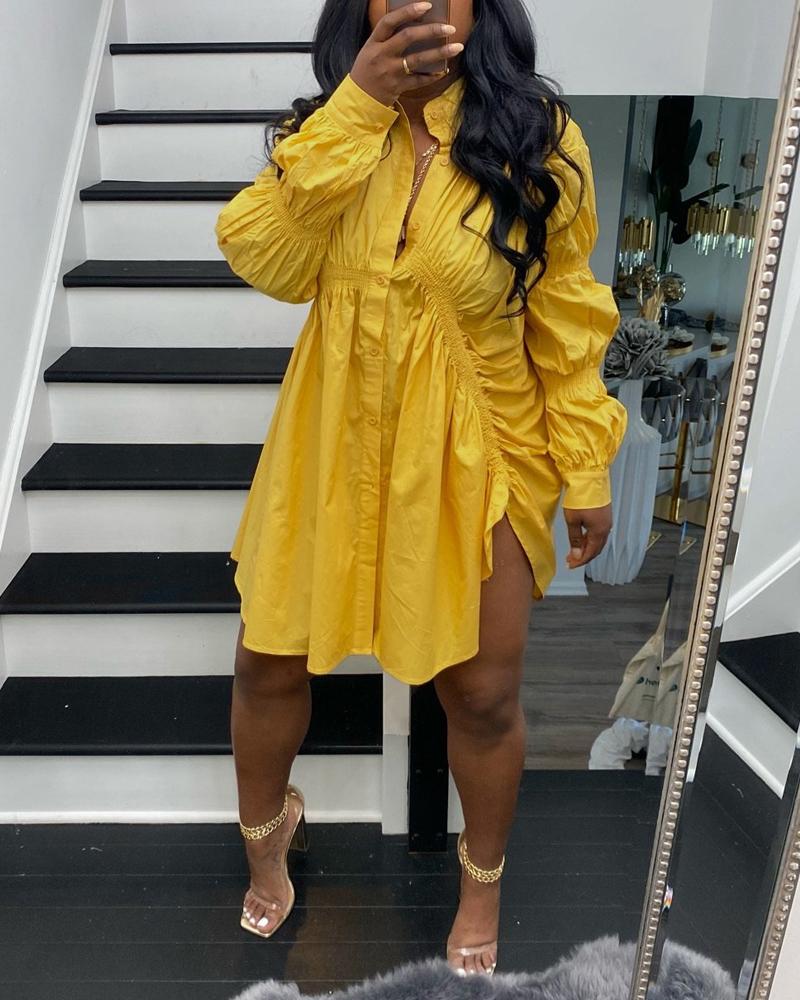 

Shirred Ruched Design Button Front Shirt Dress, Yellow