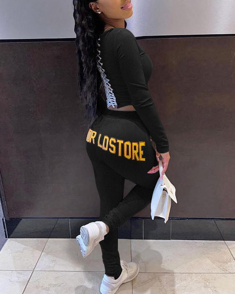 

Grommet Eyelet Lace-Up Long Sleeve Top & Letter Print Pants Set, Black