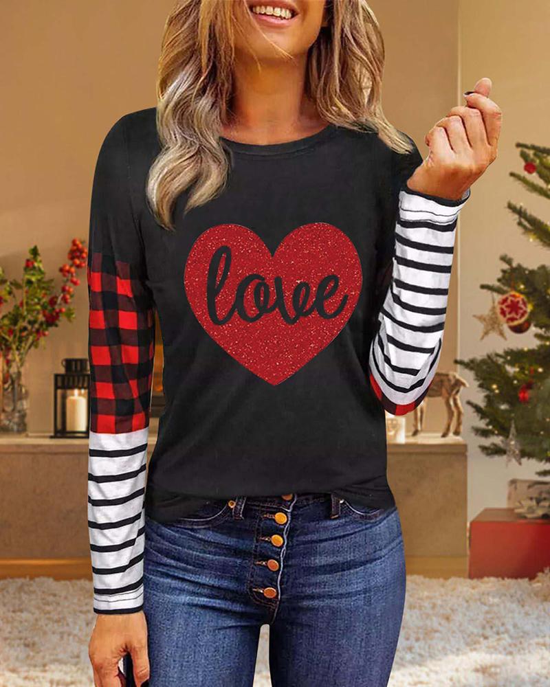 

Valentine' Day Striped Heart Plaid Print O-Neck Top, Style5