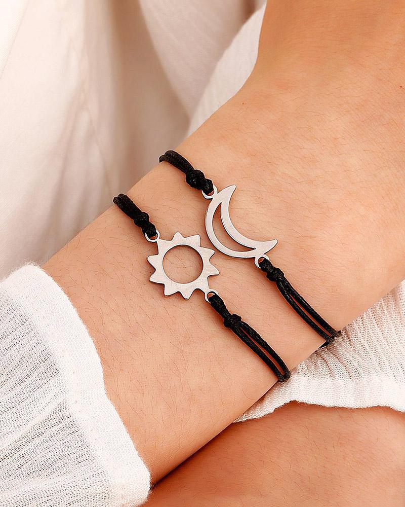

2PCS Adjustable Sun & Moon Decor Bracelet, Black