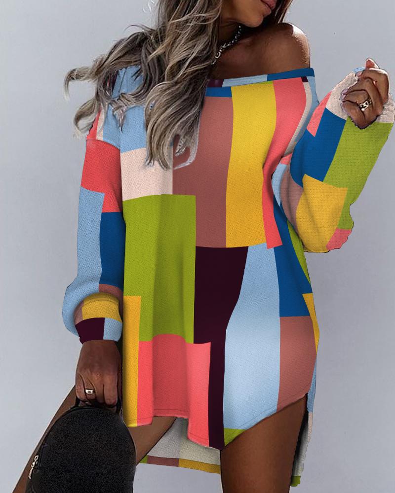 

Geometric Print Long Sleeve Dress, Multicolor