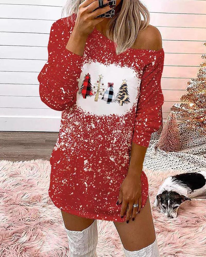 

Christmas Print Long Sleeve Sweatshirt Dress, Red