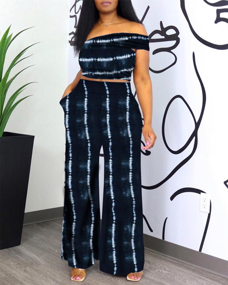 

Off Shoulder Tie Dye Print Crop Top & Wide Leg Pants Set, Dark blue