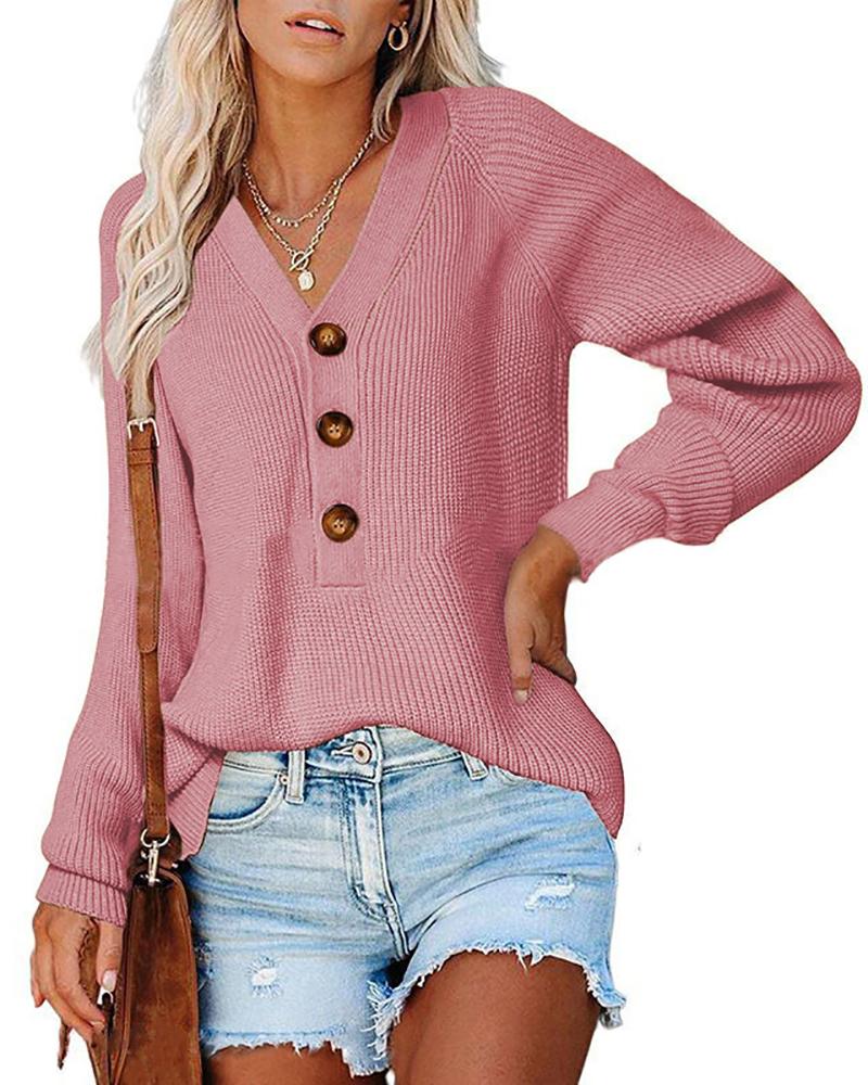 

Long Sleeve V Neck Button Design Knit Sweater, Pink