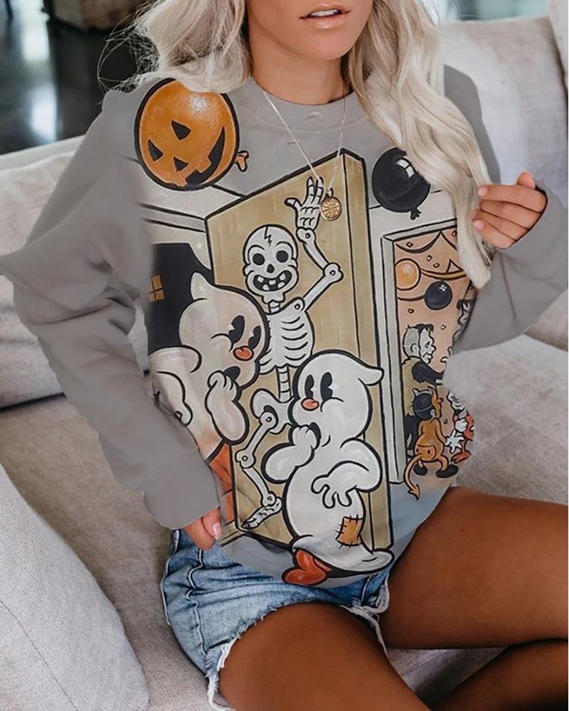 

Halloween Mixed Print Long Sleeve Casual Top, Gray