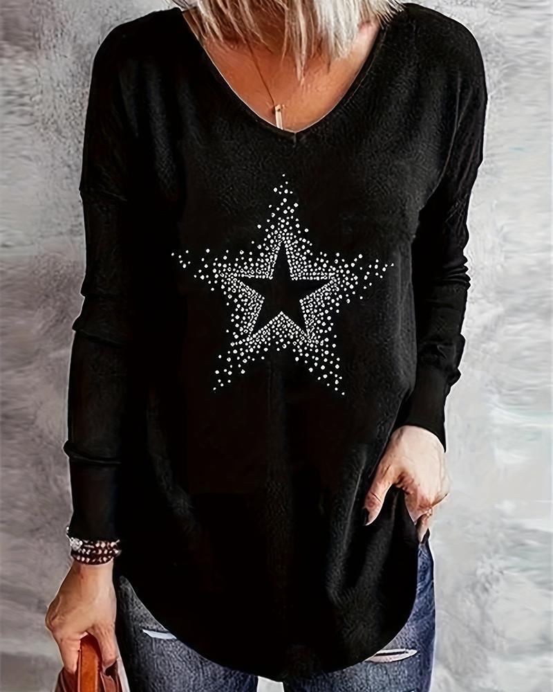 

Rhinestone Star Pattern Long Sleeve Top, Black