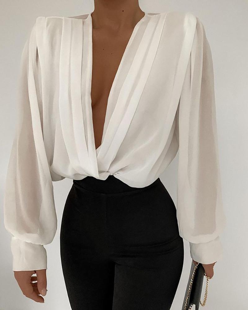 

Plunge Long Sleeve Mesh Ruched Bodysuit, White