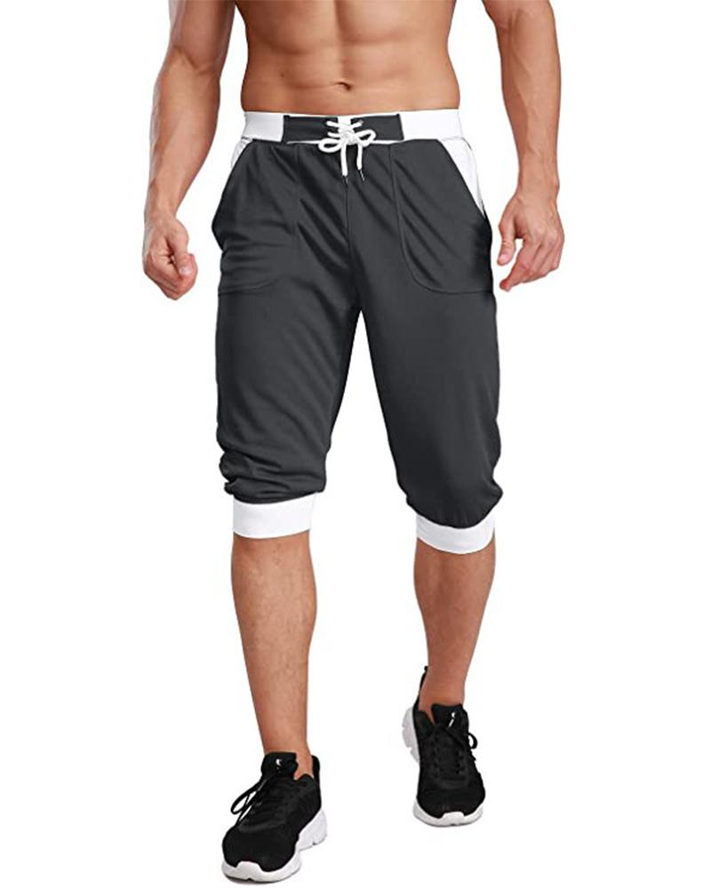

Colorblock Drawstring Skinny Patchwork Shorts, Gray