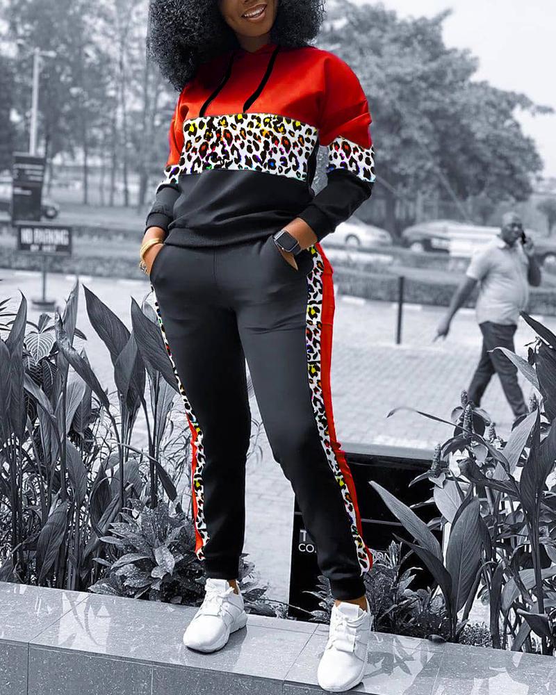 

Plus Size Contrast Leopard Colorblock Hoodie & Pants Set, Black