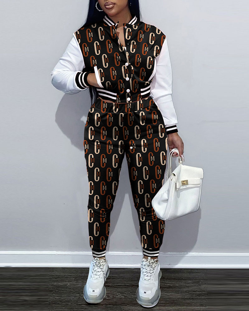 

ChicMe Letter Print Baseball Jacket & Pants Set, Black