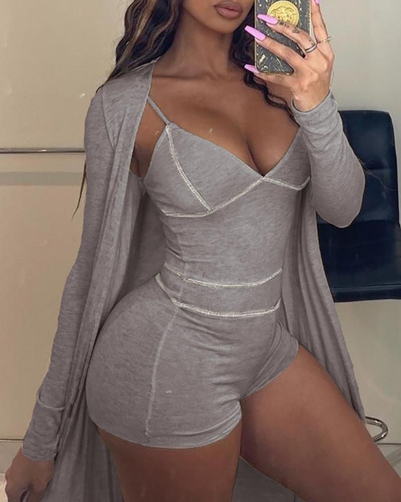 

Contrast Piping Sleeveless Romper With Coat, Gray