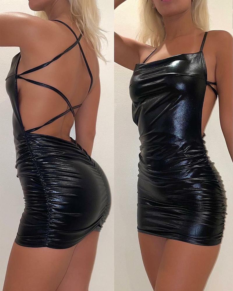 

Crisscross Backless Ruched PU Leather Mini Dress, Black