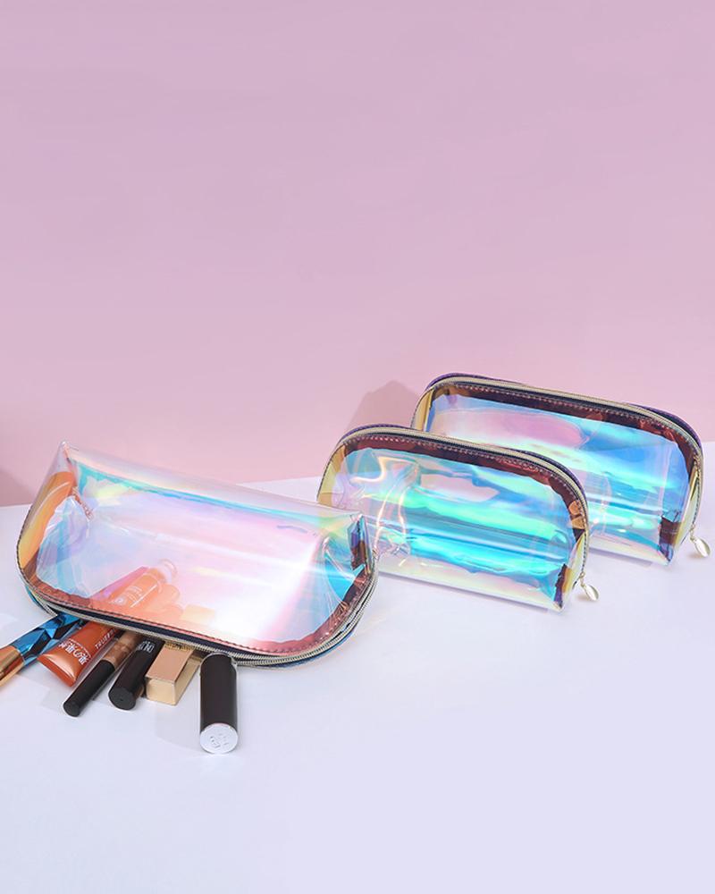 

3PCS Holographic Makeup Bag Cosmetic Travel Bag Portable Waterproof Iridescent Pouch Makeup Organizer, Clear