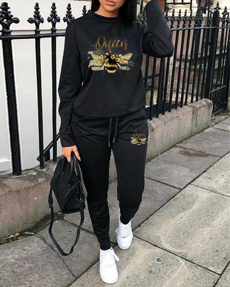 

Letter Bee Print Long Sleeve Casual Top & Pants Set, Black