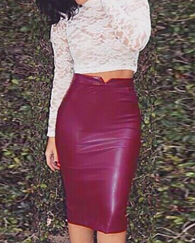 

High Waist PU bodycon Skirt, Wine red