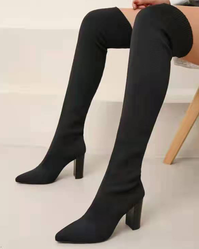 

Point Toe Over The Knee Knit Boots, Black