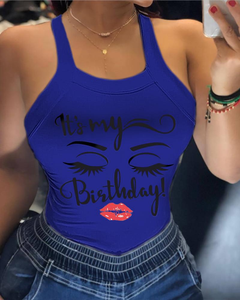

Lip Letter Figure Print Backless Casual Top, Blue