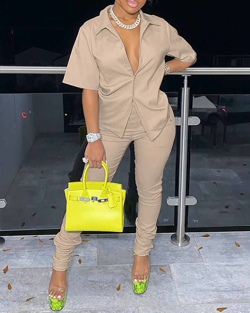 

Button Front Short Sleeve Top & Ruched Pants Set, Khaki