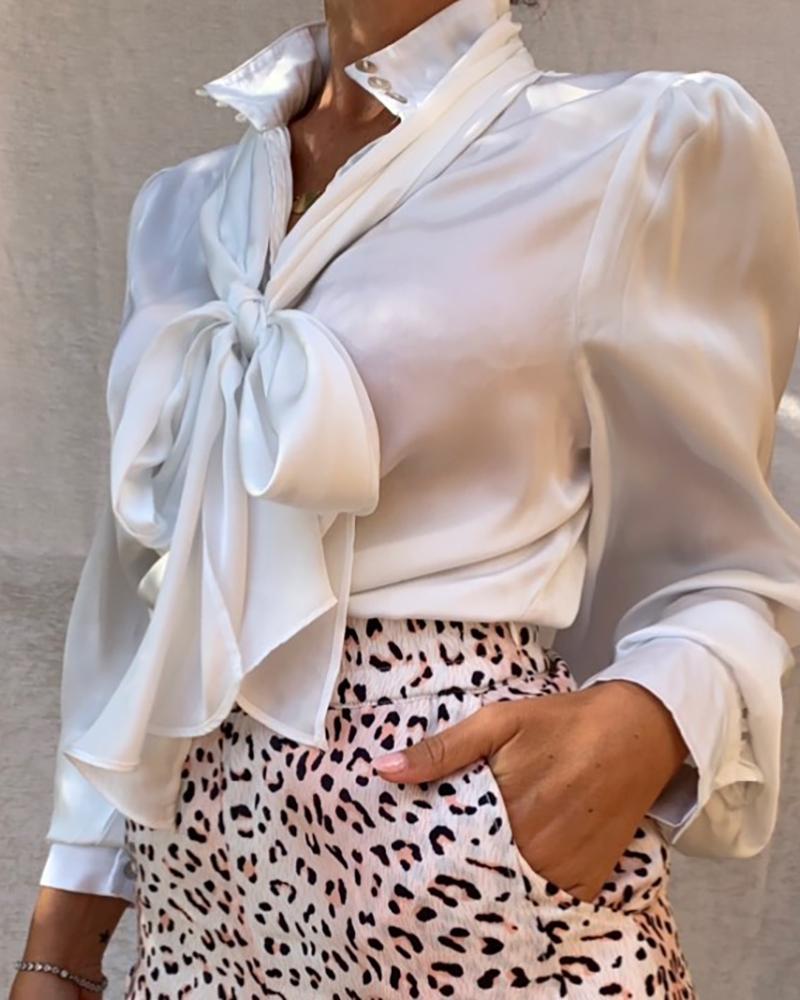 

Plain Lace Up Stand Collar Blouse, White