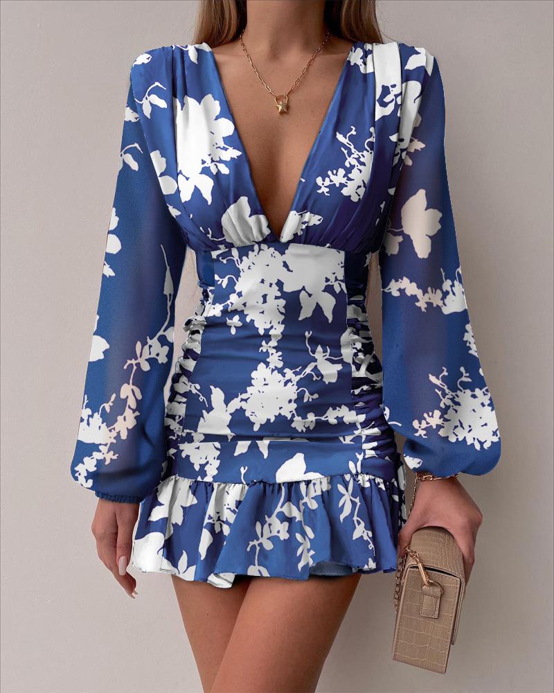 Floral Print Ruffle Hem Ruched Chiffon Dress