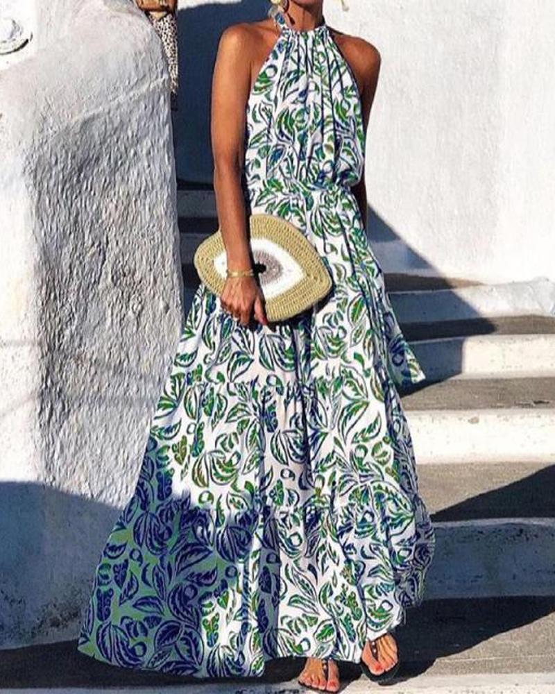 

Leaf Print Crisscross Backless Halter Maxi Dress, Green