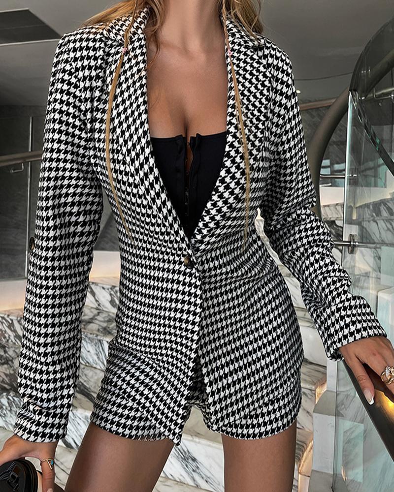 

Houndstooth Print Long Sleeve Blazer Coat & Shorts Set, Black