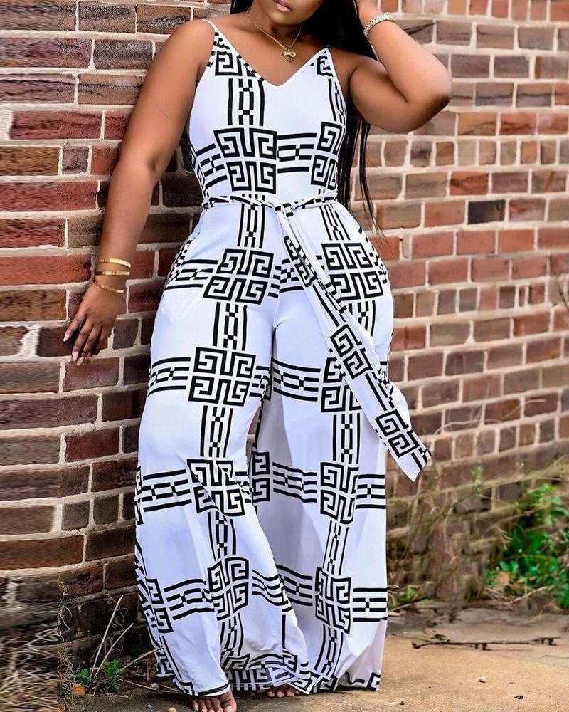 

All Over Print Spaghetti Strap Wide Leg Jumpsuit, White