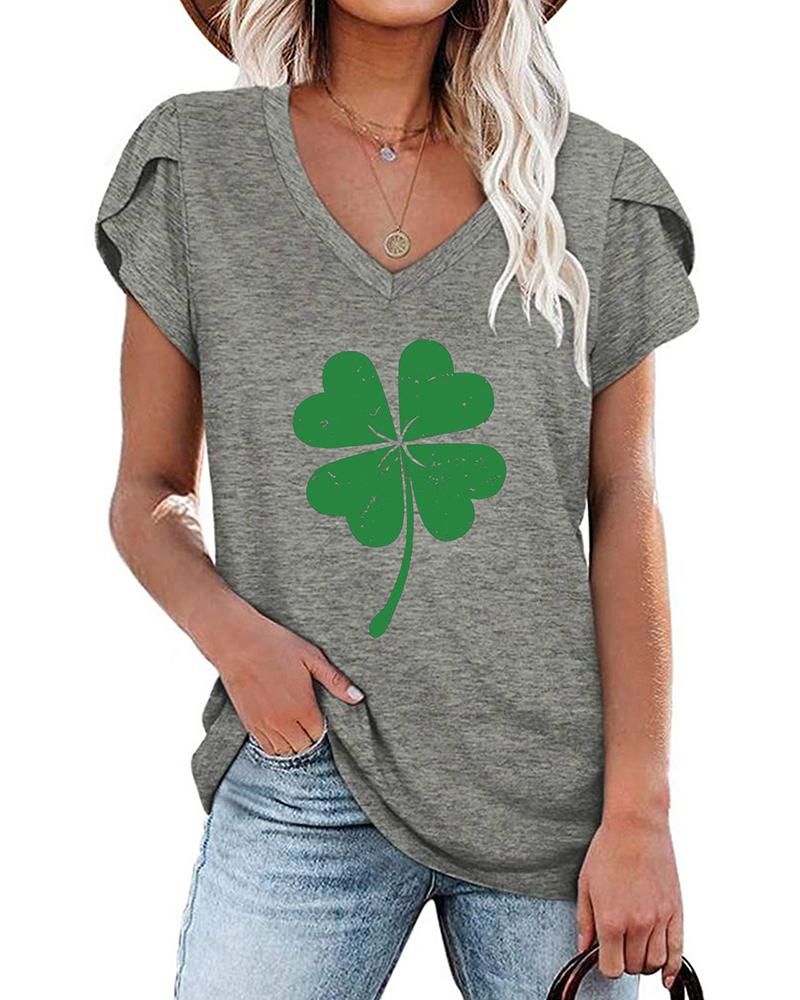 

St. Patrick's Day Clover Print V-Neck Casual T-shirt, Gray