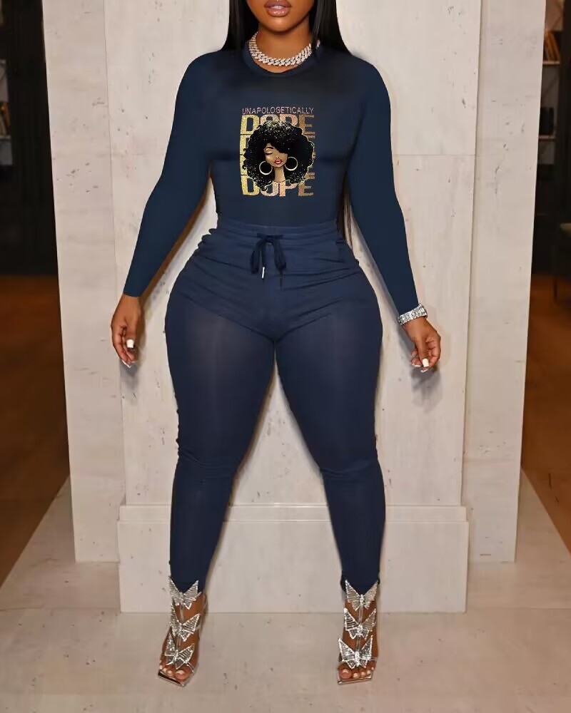 

Figure Letter Print Long Sleeve Top & Pants Set, Blue