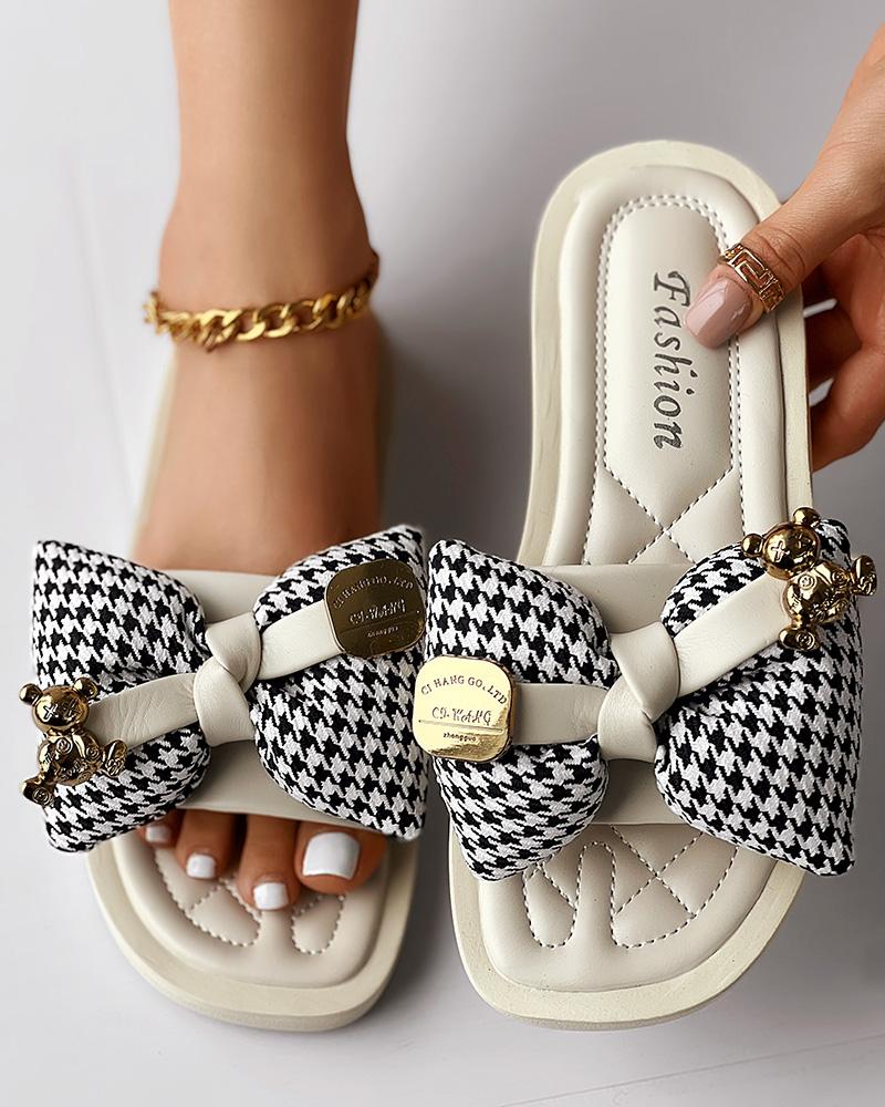 

Houndstooth Bowknot Design Summer Slippers, Beige