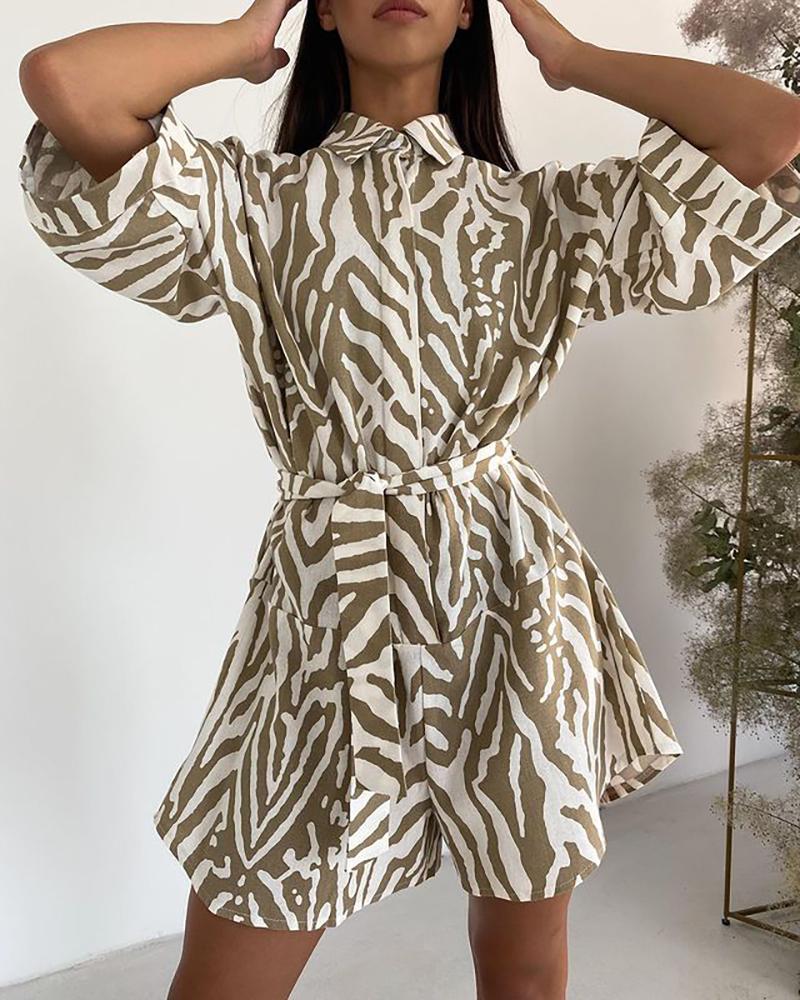 

Zebra Stripe Print Buttoned Wide Leg Romper, Green
